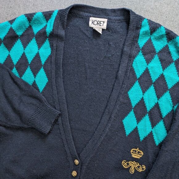 Vintage Koret Cardigan Women's Large Navy Argyle Preppy Academia Wool - Picture 1 of 11